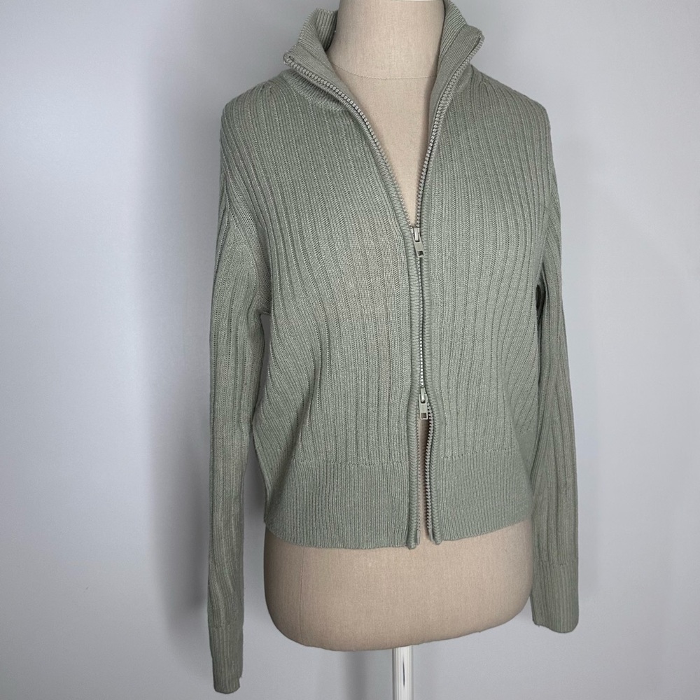 H&M Rib-knit Cardigan with Zipper Green large